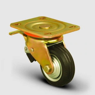 EMES - ED01SPR200F Döner Tablalı Frenli Kauçuk Kaplı Tekerlek Çap:200 Ağır Sanayi Tekerleği Sarı Maşa Oynak Frenli Tabla Bağlantılı Burçlu