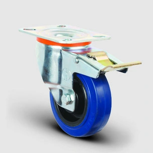 EMES - EM01ZMRm125F Döner Tablalı Frenli Mavi Elastik Kauçuk Tekerlek Çap:125 Hafif Sanayi Tekerleği, Oynak Frenli Tabla Bağlantılı, Masura Rulmanlı