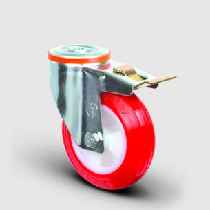 EMES - EM04ZKP100F Oynak Frenli Delik Bağlantılı Poliüretan Tekerlek Çap:100 Hafif Sanayi Tekerleği Burçlu Poliamid Üzeri Poliüretan Kaplı Kırmızı Teker