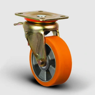 EMES - ED01ABP100F Döner Tablalı Frenli Alüminyum Üzeri Poliüretan Kaplı Tekerlek Çap:100 Ağır Sanayi Tekerleği Sarı Maşalı Oynak Frenli Tabla Bağlantılı Bilya Rulmanlı