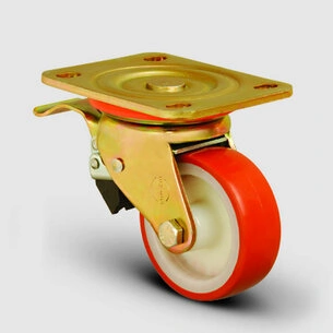 EMES - ED01ZBP100F Döner Tablalı Frenli Poliüretan Kaplı Tekerlek Çap:100 Ağır Sanayi Tekerleği Sarı Maşalı Oynak Frenli Tabla Bağlantılı Bilya Rulmanlı