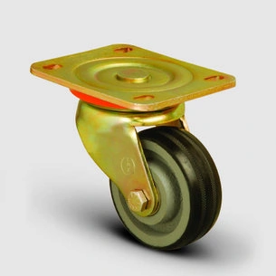 EMES - ED01VBR100 Döner Tablalı Döküm Üzeri Kauçuk Kaplı Tekerlek Çap:100 Ağır Sanayi Tekerleği Sarı Maşa Oynak Tabla Bağlantılı Bilya Rulmanlı
