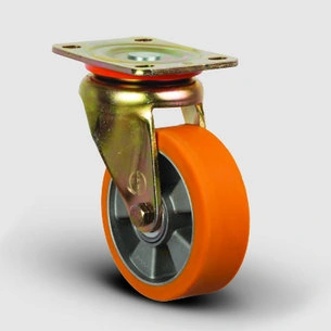 EMES - ED01ABP100 Döner Tablalı Alüminyum Üzeri Poliüretan Kaplı Tekerlek Çap:100 Ağır Sanayi Tekerleği Sarı Maşalı Oynak Tabla Bağlantılı Bilya Rulmanlı