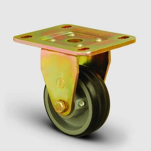 EMES - ED02VBR125 Sabit Maşalı Döküm Üzeri Kauçuk Kaplı Tekerlek Çap:125 Ağır Sanayi Tekerleği Sarı Maşa Sabit Tabla Bağlantılı Bilya Rulmanlı