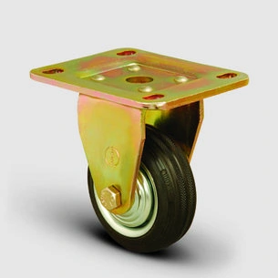EMES - ED02SPR125 Sabit Maşalı Tablalı Kauçuk Kaplı Tekerlek Çap:125 Ağır Sanayi Tekerleği Sarı Maşa Sabit Tabla Bağlantılı Burçlu