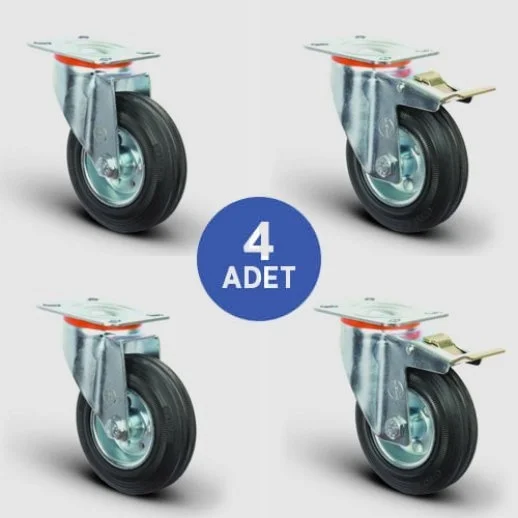 2 Adet EM01SPR150 Döner Tablalı + 2 Adet EM01SPR150F Döner Tablalı Frenli Kauçuk Tekerlek Çap:150 Hafif Sanayi Tekerleği, Oynak Tabla Bağlantılı, Burçlu 2xEM01SPR150+2xEM01SPR150F - 1
