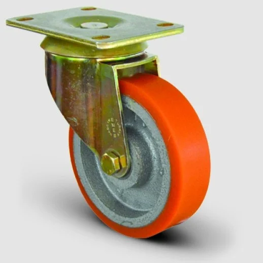 Eİ01VBP100 Döner Tablalı Döküm Üzeri Poliüretan Kaplı Tekerlek Çap:100 Ağır Sanayi Tekerleği Sarı Maşa Oynak Tabla Bağlantılı Bilya Rulmanlı - 1