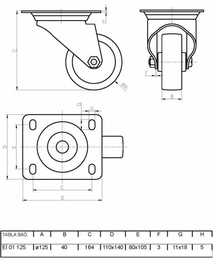 EI01VBP125 Döner Tablalı Döküm Üzeri Poliüretan Kaplı Tekerlek Çap:125 Ağır Sanayi Tekerleği Sarı Maşa Oynak Tabla Bağlantılı Bilya Rulmanlı - 2