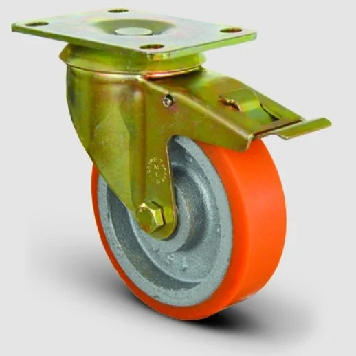 EI01VBP125F Döner Tablalı Frenli Döküm Üzeri Poliüretan Kaplı Tekerlek Çap:125 Ağır Sanayi Tekerleği Sarı Maşa Oynak Tabla Bağlantılı Kilitli Bilya Rulmanlı - 1