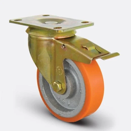 EI01VBP200F Döner Tablalı Frenli Döküm Üzeri Poliüretan Kaplı Tekerlek Çap:200 Ağır Sanayi Tekerleği Sarı Maşa Oynak Tabla Bağlantılı Kilitli Bilya Rulmanlı - 1
