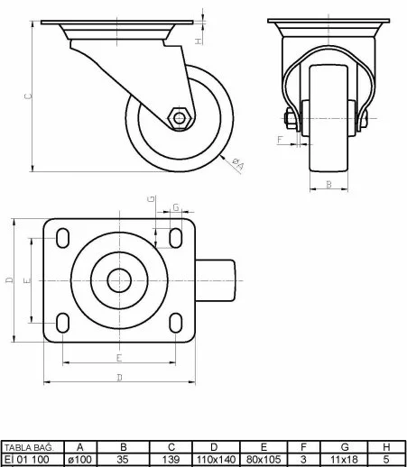 EI01VBPB100 Döner Tablalı Döküm Balıksırtı Poliüretan Kaplı Çap:100 Ağır Sanayi Tekerleği Bilya Rulmanlı Bombeli PU kaplı - 2