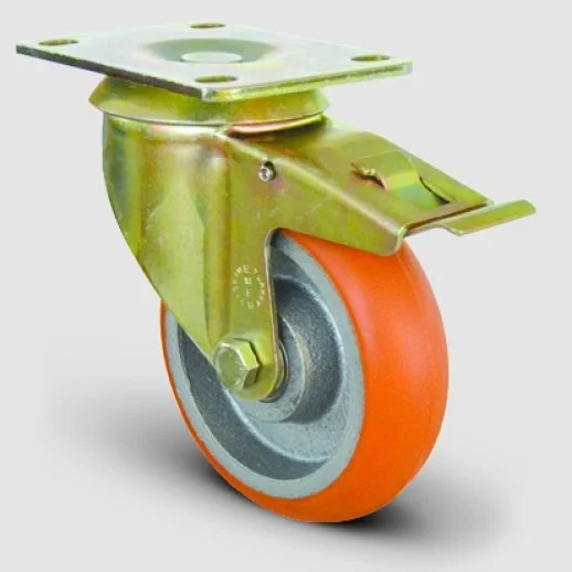 EI01VBPB125F Döner Tablalı Frenli Döküm Balıksırtı Poliüretan Kaplı Çap:125 Ağır Sanayi Tekerleği Bilya Rulmanlı Bombeli PU kaplı - 1