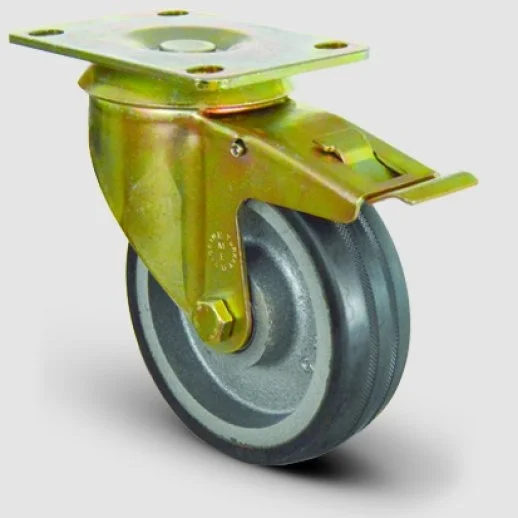 EI01VBR150F Döner Tablalı Frenli Döküm Üzeri Kauçuk Kaplı Tekerlek Çap:150 Ağır Sanayi Tekerleği Sarı Maşalı Oynak Tabla Bağlantılı Bilya Rulmanlı - 1