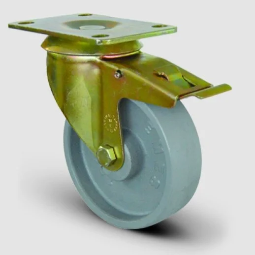 EI01VBV150F Döner Tablalı Frenli Döküm Tekerlek Çap:150 Ağır Sanayi Tekerleği Sarı Maşalı Oynak Tabla Bağlantılı Bilya Rulmanlı - 1