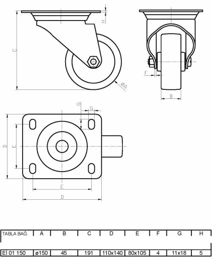 EI01VKP150 Döner Tablalı Döküm Üzeri Poliüretan Kaplı Tekerlek Çap:150 Ağır Sanayi Tekerleği Sarı Maşalı Oynak Tabla Bağlantılı Burçlu - 2