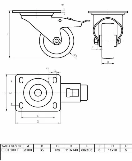 Eİ01ZBP125F Döner Tablalı Frenli Poliamid Üzeri Poliüretan Kaplı Tekerlek Çap:125 Ağır Sanayi Tekerleği Sarı Maşa Oynak Tabla Bağlantılı Bilya Rulmanlı - 2