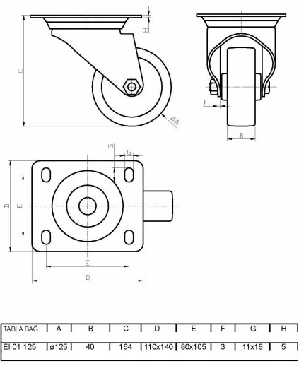EI01ZKP125 Döner Tablalı Poliamid Üzeri Poliüretan Kaplı Tekerlek Çap:125 Ağır Sanayi Tekerleği Sarı Maşa Oynak Tabla Bağlantılı Burçlu - 2