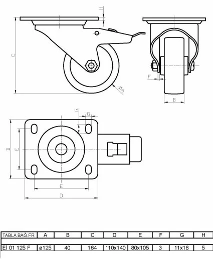EI01ZKP125F Döner Tablalı Frenli Poliamid Üzeri Poliüretan Kaplı Tekerlek Çap:125 Ağır Sanayi Tekerleği Sarı Maşa Oynak Tabla Bağlantılı Burçlu - 2