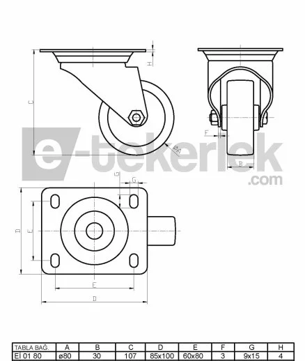 EI01ZKP80F Döner Tablalı Frenli Poliamid Üzeri Poliüretan Kaplı Tekerlek Çap:80 Ağır Sanayi Tekerleği Sarı Maşa Oynak Tabla Bağlantılı Burçlu - 2