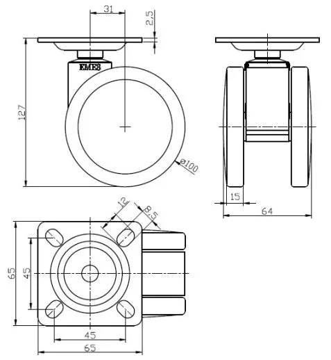 EQ01ZBP100 Döner Tablalı Plastik Maşalı Çap:100 Çift Kasnaklı Bilya Rulmanlı Medikal Tekerlek Oynak Maşalı - 2