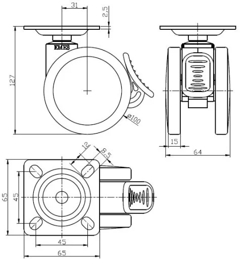 EQ01ZBP100F Döner Tablalı Frenli Plastik Maşalı Çap:100 Çift Kasnaklı Bilya Rulmanlı Medikal Tekerlek Oynak Maşalı - 2