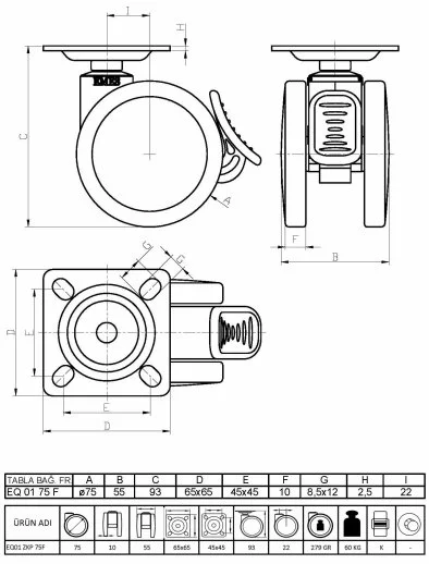 EQ01ZKP50F Döner Tablalı Frenli Plastik Maşalı Çap:50 Çift Kasnaklı Medikal Tekerlek Oynak Maşalı - 2