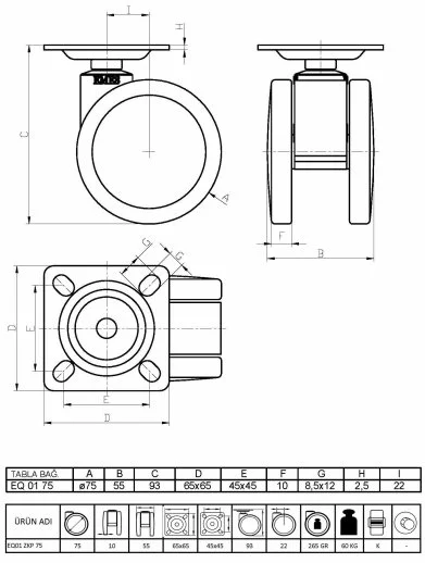 EQ01ZKP75 Döner Tablalı Plastik Maşalı Çap:75 Çift Kasnaklı Medikal Tekerlek Oynak Maşalı - 2