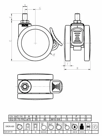 EQ05ZKP75F Döner Civatalı Frenli Plastik Maşalı Çap:75 Çift Kasnaklı Medikal Tekerlek Oynak Civata Bağlantılı Kilitli - 2