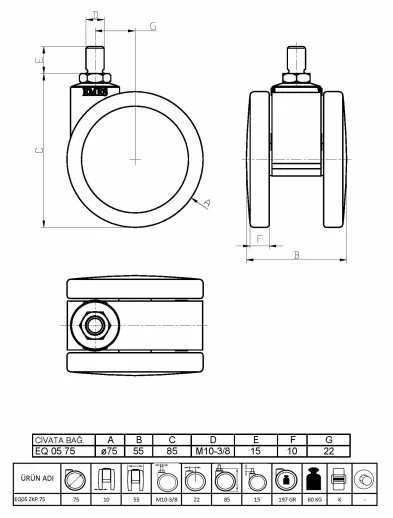EQ05ZKP50 Döner Civatalı Plastik Maşalı Çap:50 Çift Kasnaklı Medikal Tekerlek Oynak Civata Bağlantılı - 2