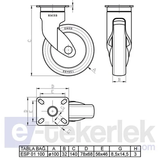 ESP01MBT100 Döner Tablalı Plastik Maşalı Çap:100 Medikal Ekipman Tekerleği Bilya Rulmanlı Oynak Maşalı Çift Bilya Yataklı - 2
