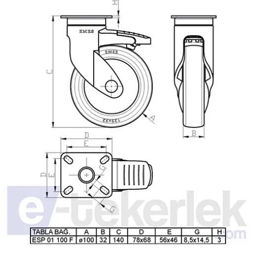 ESP01MBT100F Döner Tablalı Frenli Plastik Maşalı Çap:100 Medikal Ekipman Tekerleği Bilya Rulmanlı Oynak Maşalı Çift Bilya Yataklı - 2