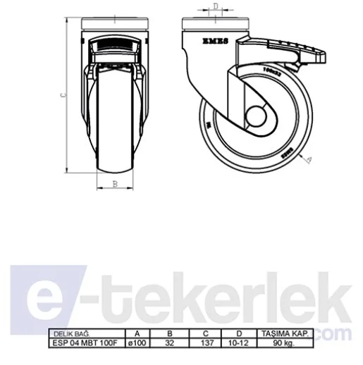 ESP04MBT125F Delik Bağlantılı Frenli Plastik Maşalı Çap:125 Medikal Ekipman Tekerleği Bilya Rulmanlı Oynak Maşalı Çift Bilya Yataklı - 2