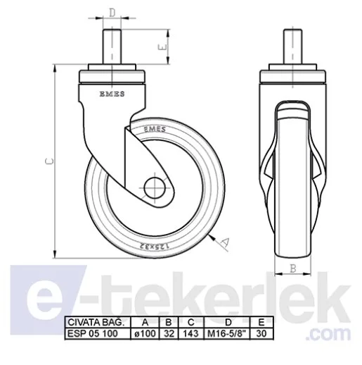 ESP05MBT125F Civata Bağlantılı Frenli Plastik Maşalı Çap:125 Medikal Ekipman Tekerleği Bilya Rulmanlı Oynak Maşalı Çift Bilya Yataklı - 2