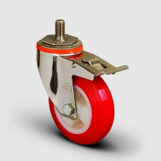 SSEM05ZKP100F Paslanmaz Civata Bağlantılı Frenli Poliüretan Tekerlek Çap:100 Inox Hafif Sanayi Tekerleği Burçlu Oynak Vida Bağlantılı Poliamid Üzeri Poliüretan Kaplı Frenli - 1