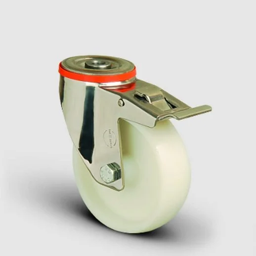 SSEM04ZKZ150F Paslanmaz Delik Bağlantılı Frenli Poliamid Tekerlek Çap:150 Inox Hafif Sanayi Tekerleği Burçlu Oynak Delik Bağlantılı Frenli - 1