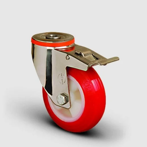 SSEM04ZKP80F Paslanmaz Delik Bağlantılı Frenli Poliüretan Tekerlek Çap:80 Inox Hafif Sanayi Tekerleği Burçlu Oynak Delik Bağlantılı Poliamid Üzeri Poliüretan Kaplı - 1