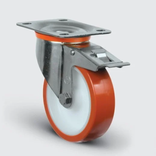 SSEZ01ZBP100F Paslanmaz Döner Tablalı Frenli Poliüretan Tekerlek Çap:100 Ağır Tip Inox Sanayi Tekerleği Oynak Tabla Bağlantılı Bilya Rulmanlı Poliamid Üzeri Poliüretan Kaplı100x35 - 1