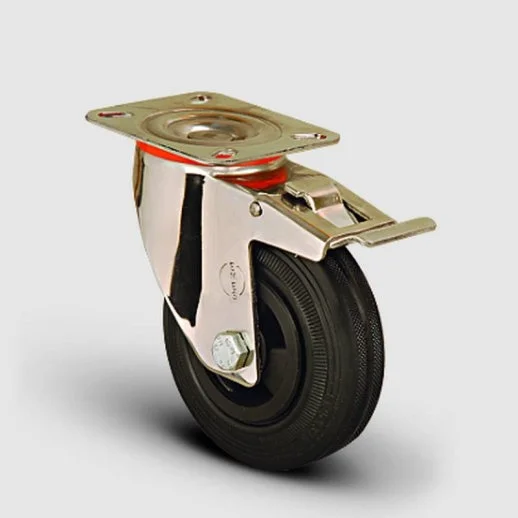 SSEM01MKR80F Paslanmaz Döner Tablalı Frenli Kauçuk Tekerlek Çap:80 Inox Hafif Sanayi Tekerleği Burçlu Oynak Tabla BağlantılıFrenli - 1