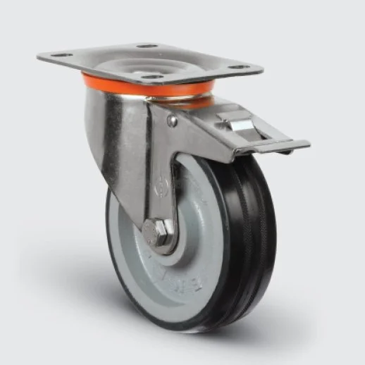 EZ01VKR125F Döner Tablalı Frenli Döküm Üzeri Kauçuk Kaplı Tekerlek Çap:125 Sanayi Tekerleği Oynak Frenli Tabla Bağlantılı Burçlu - 2