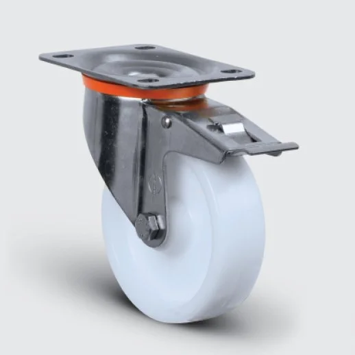 SSEZ01HKZ100F Paslanmaz Döner Tablalı Frenli Poliamid Tekerlek Çap:100 Ağır Tip Inox Sanayi Tekerleği Oynak Tabla Bağlantılı Burçlu 100x35 - 1