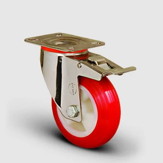 SSEM01ZKP150F Paslanmaz Döner Tablalı Frenli Poliüretan Tekerlek Çap:150 Inox Hafif Sanayi Tekerleği Burçlu Oynak Tabla Bağlantılı Poliamid Üzeri Poliüretan Kaplı - 1