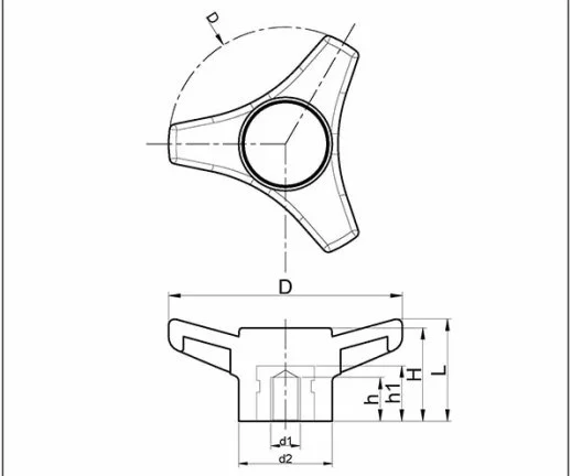 PTB31016 Plastik Yıldız Tutamak 3 Kollu Burçlu Çap:100mm M16 EMES - 2
