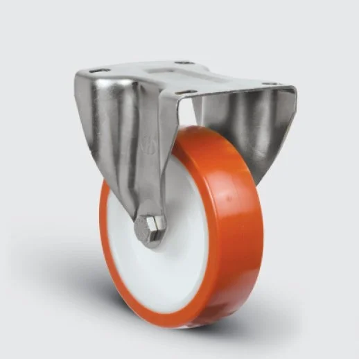 SSEZ02ZBP125 Paslanmaz Sabit Maşalı Poliüretan Tekerlek Çap:125 Ağır Tip Inox Sanayi Tekerleği Sabit Tabla Bağlantılı Bilya Rulmanlı Poliamid Üzeri Poliüretan Kaplı125x40 - 1